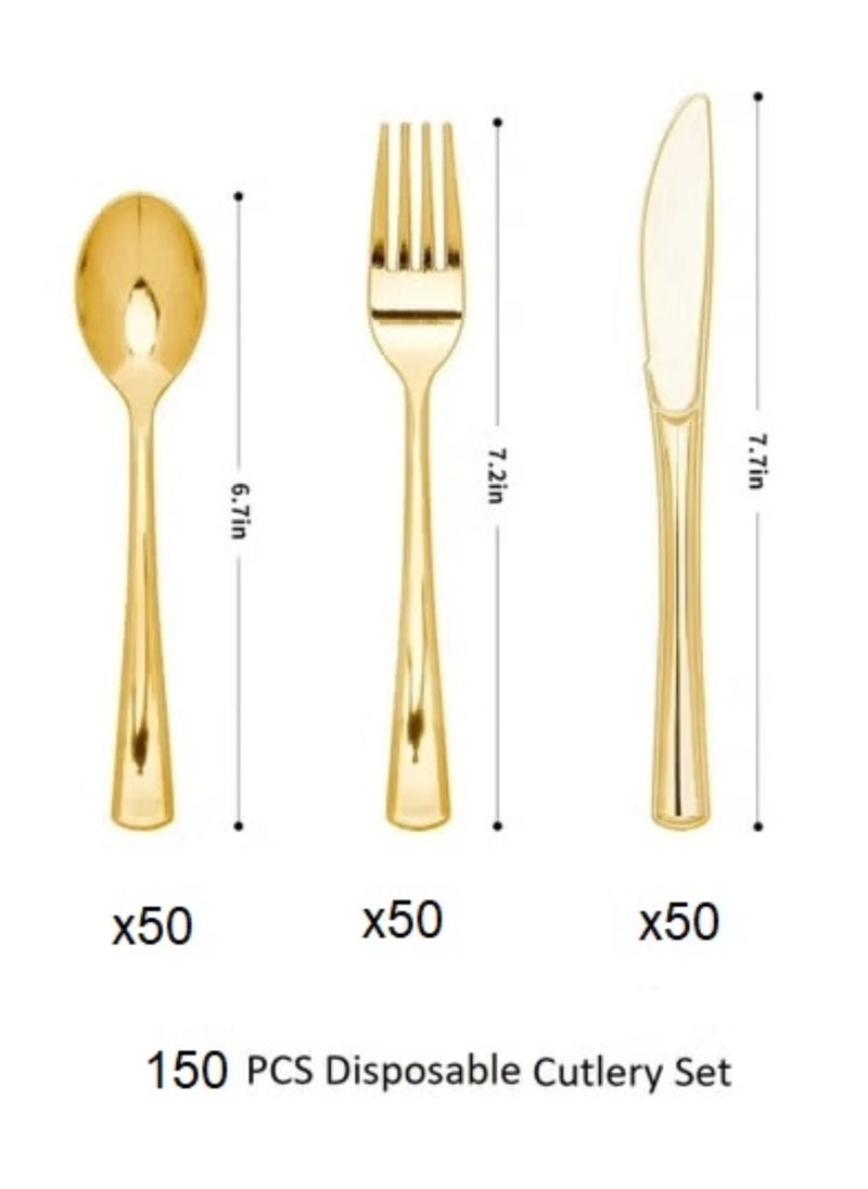 Boxwoods - 150 Pieces of Premium Quality Elegant Gold Plastic Disposable Cutlery Set Spoons knives and Forks For Wedding Birthday Ramadan Eid Dinner party - Image 1