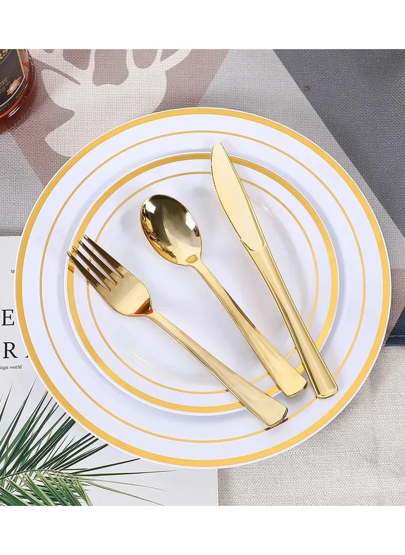 Boxwoods - 150 Pieces of Premium Quality Elegant Gold Plastic Disposable Cutlery Set Spoons knives and Forks For Wedding Birthday Ramadan Eid Dinner party - Image 1