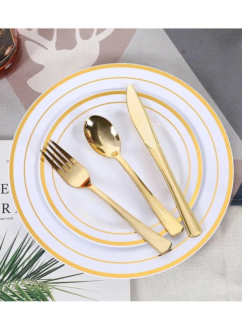 Boxwoods 150 Pieces of Premium Quality Elegant Gold Plastic Disposable Cutlery Set Spoons knives and Forks For Wedding Birthday Ramadan Eid Dinner party  - Image 1
