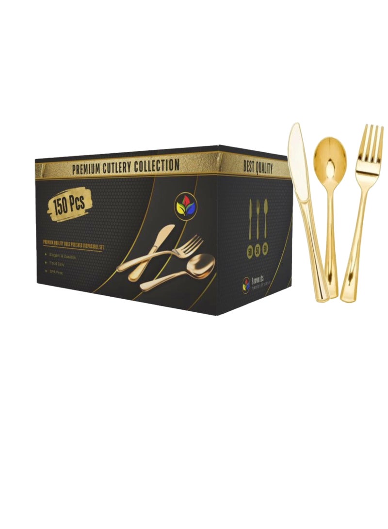 Boxwoods 150 Pieces of Premium Quality Elegant Gold Plastic Disposable Cutlery Set Spoons knives and Forks For Wedding Birthday Ramadan Eid Dinner party  - Image 2