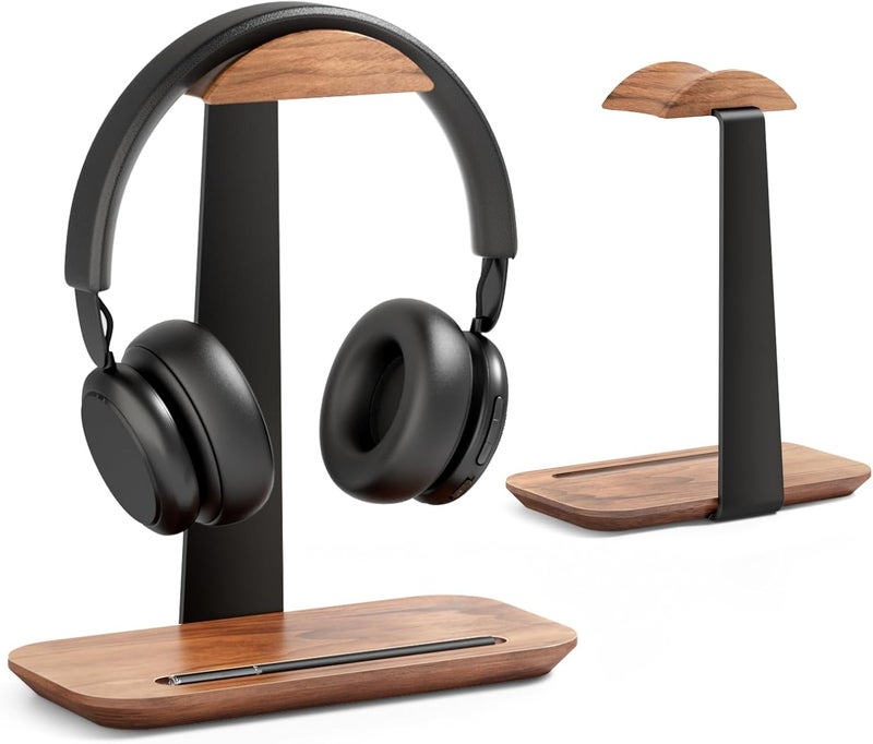 UPERGO Walnut Headphone Stand - Stylish Wood Headset Holder with Storage Base for Gaming and Audio Devices - Image 1