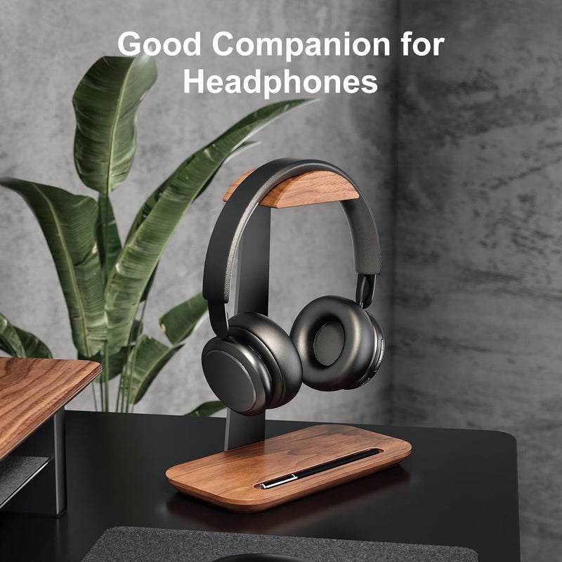 UPERGO Walnut Headphone Stand - Stylish Wood Headset Holder with Storage Base for Gaming and Audio Devices - Image 2