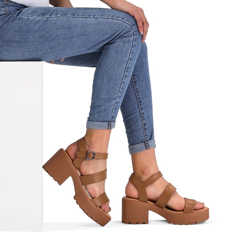 mysoft Women's Platform Sandals Ankle Strap Open Toe Lug Sole 3 Inch Chunky Block Heeled Sandals - Image 2