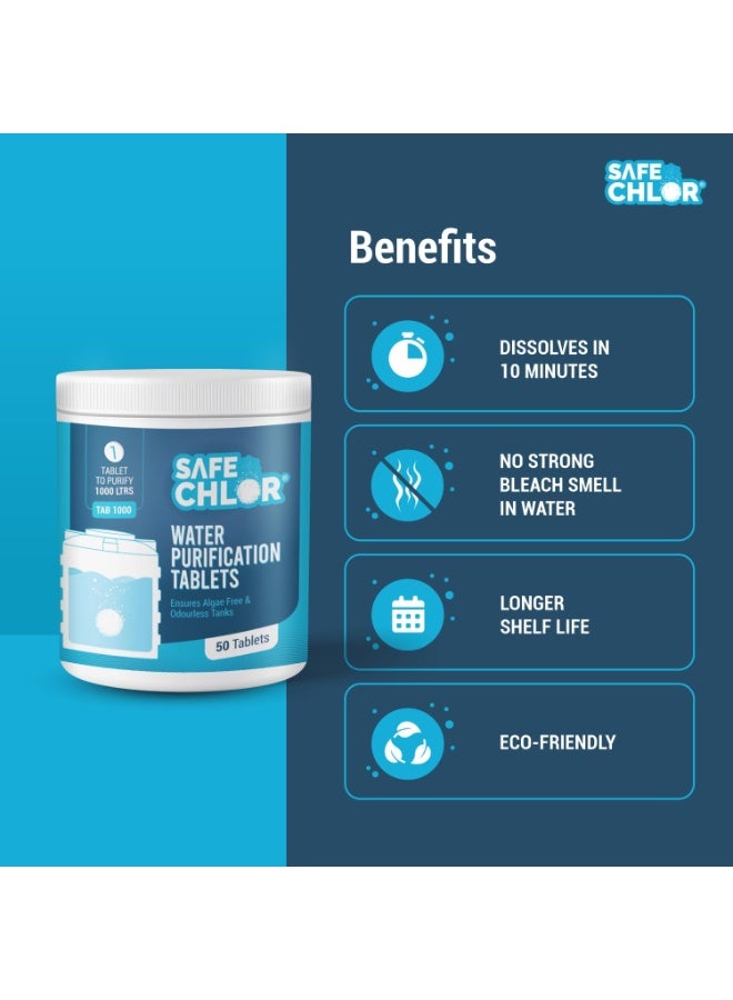 Safe Chlor Tab 1000 | Chlorine Tablets for Water Tanks of 1000 Ltrs, Overhead & Underground Water Tanks; Water Purification Tablets Kills Bacteria and Prevents Algae; Pack of 50 Tablets for 50000 Ltrs - Image 1