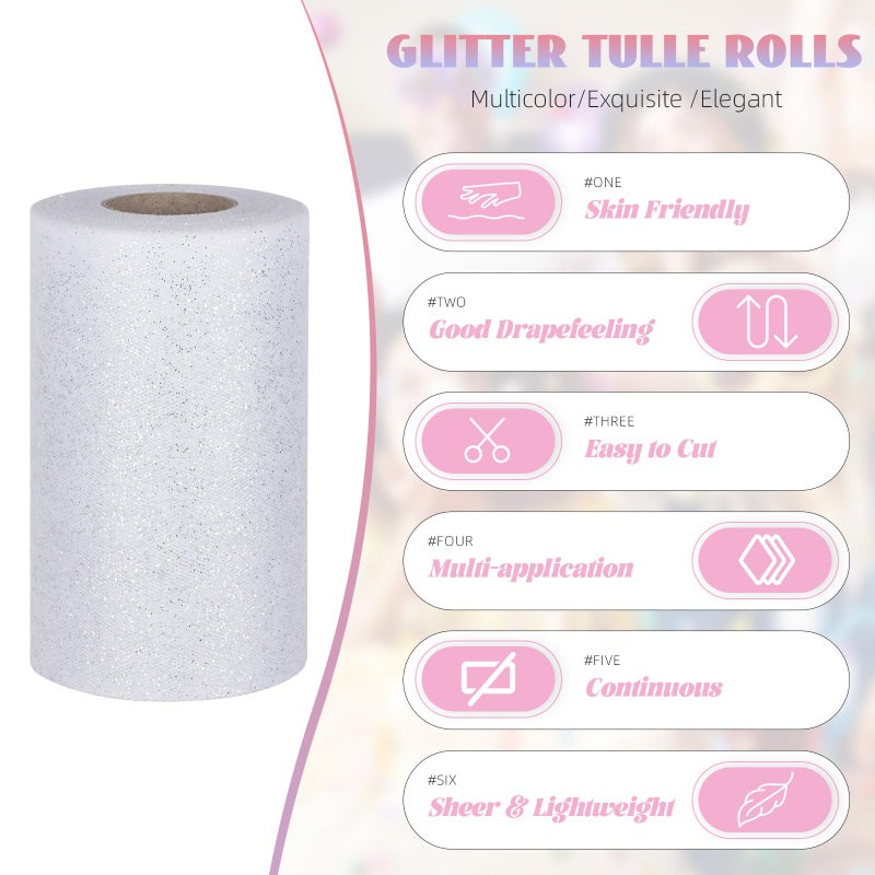 ICOSHOW Glitter Tulle Rolls 6â€ by 50 Yards Sparkle Tulles Fabric Ribbon Sequin Tulle Netting Rolls for DIY Tutu Skirt Wedding Birthday Party Decoration (White/Silver-New) - Image 4
