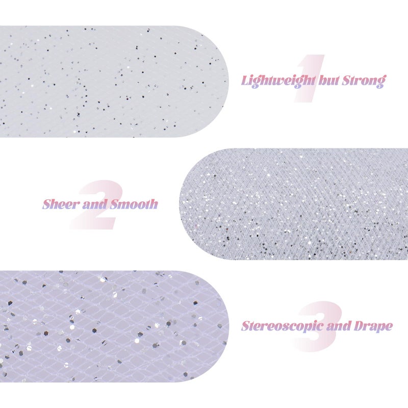 ICOSHOW Glitter Tulle Rolls 6â€ by 50 Yards Sparkle Tulles Fabric Ribbon Sequin Tulle Netting Rolls for DIY Tutu Skirt Wedding Birthday Party Decoration (White/Silver-New) - Image 3