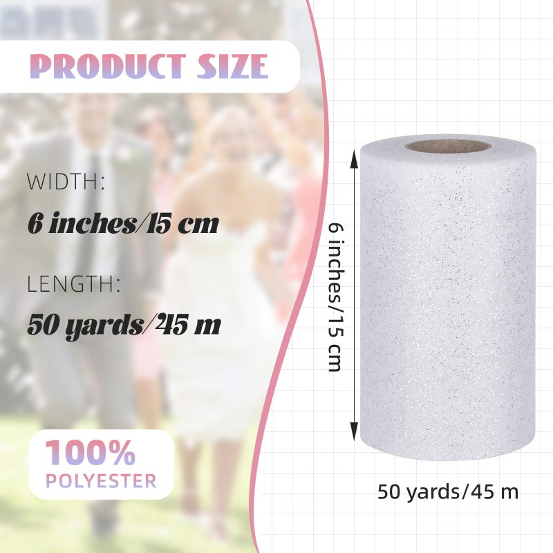 ICOSHOW Glitter Tulle Rolls 6â€ by 50 Yards Sparkle Tulles Fabric Ribbon Sequin Tulle Netting Rolls for DIY Tutu Skirt Wedding Birthday Party Decoration (White/Silver-New) - Image 2