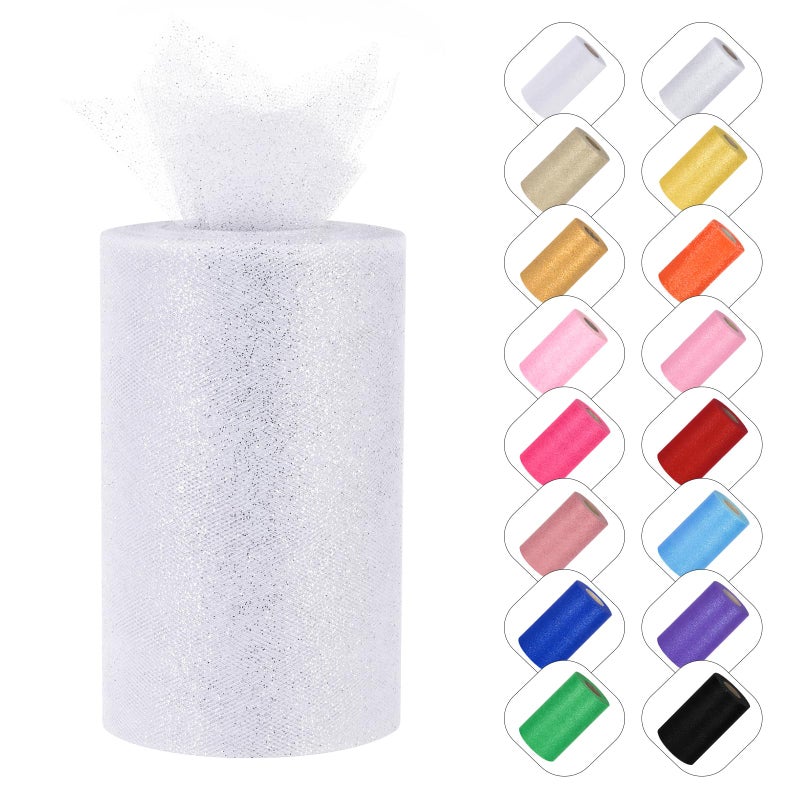 ICOSHOW Glitter Tulle Rolls 6â€ by 50 Yards Sparkle Tulles Fabric Ribbon Sequin Tulle Netting Rolls for DIY Tutu Skirt Wedding Birthday Party Decoration (White/Silver-New) - Image 1