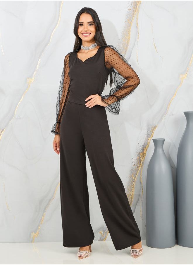 Styli - Dobby Mesh Sleeves Blouse and Tailored Pant Set - Image 1