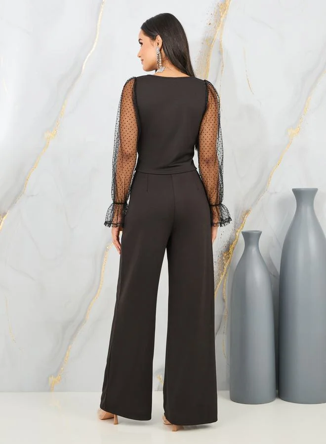 ستايلي Dobby Mesh Sleeves Blouse and Tailored Pant Set