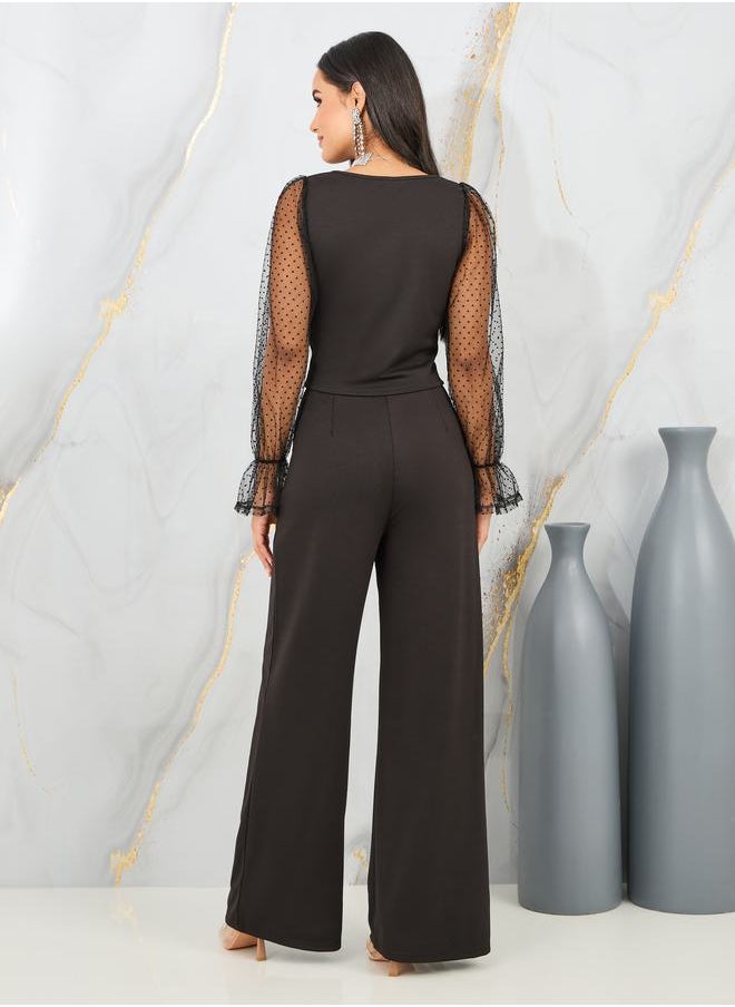 Styli - Dobby Mesh Sleeves Blouse and Tailored Pant Set - Image 1