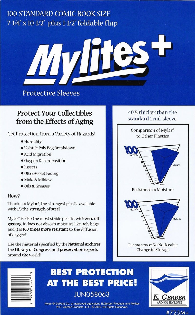 E. Gerber Mylites+ Standard Comic Book Mylar Sleeves 7 1/4" x 10 1/2" Plus 1 1/2" Flap - Image 2