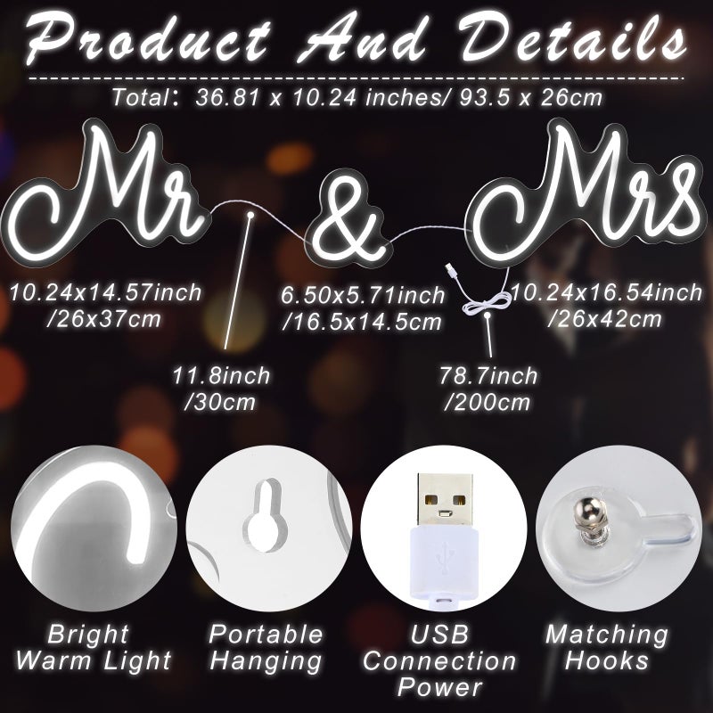 Kittmip Mr and Mrs Neon Sign for Wedding 36.81 x 10.24 Inch Neon Light LED Backdrop Wall Decor USB Wedding Reception Decoration Gifts for Anniversary Engagement Banquet(Cold White) - Image 2