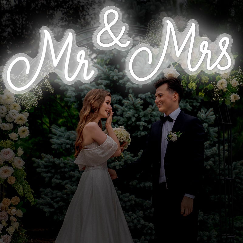 Kittmip Mr and Mrs Neon Sign for Wedding 36.81 x 10.24 Inch Neon Light LED Backdrop Wall Decor USB Wedding Reception Decoration Gifts for Anniversary Engagement Banquet(Cold White) - Image 1