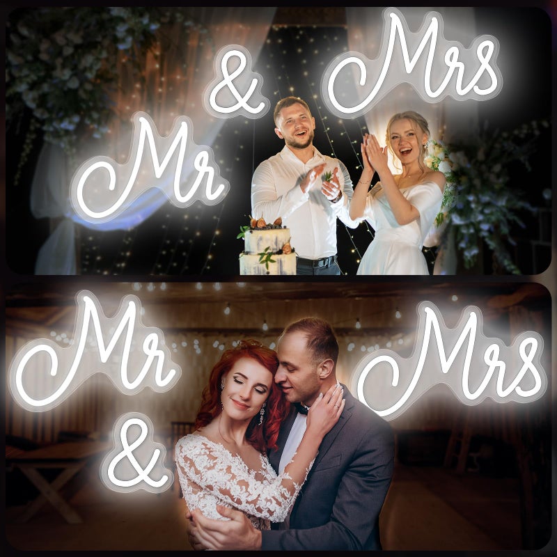 Kittmip Mr and Mrs Neon Sign for Wedding 36.81 x 10.24 Inch Neon Light LED Backdrop Wall Decor USB Wedding Reception Decoration Gifts for Anniversary Engagement Banquet(Cold White) - Image 4
