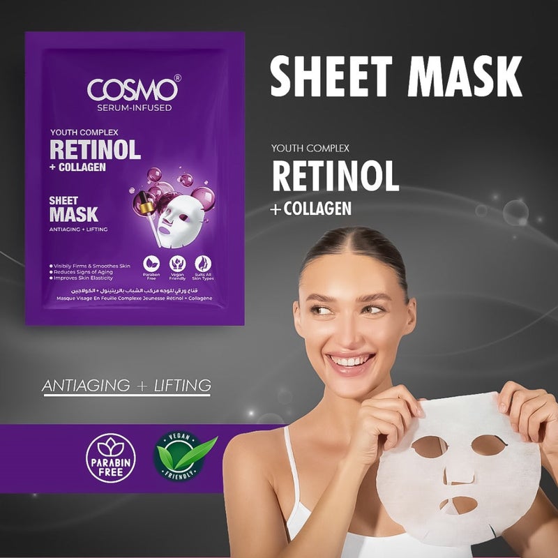 COSMO قناع ورقي من كوزمو يوث كومبلكس ريتينول + كولاجين لمكافحة الشيخوخة ورفع فوري، ترطيب عميق، وعلاج إحياء البشرة لجميع أنواع البشرة - عبوة من 1 - Image 2