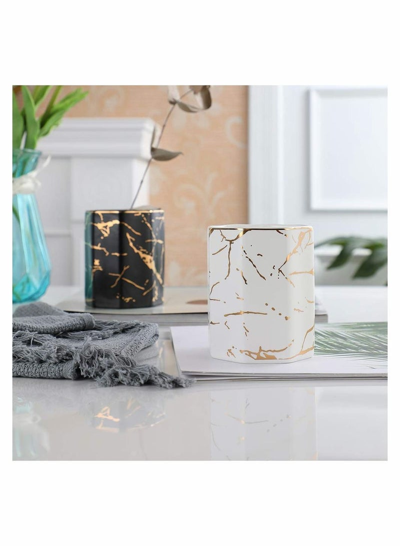 Excefore Ceramic Desk Pen Holder, Stand Golden Pattern Cute Pencil Cup Pot Desk Organizer - Image 2