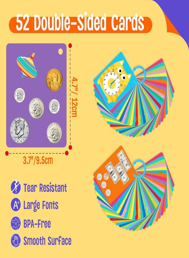 SpriteGru 52 PCS Time & Money Flashcards, Double Sided Cognition Cards-Coin Value, Coin Combinations, Counting Coins, Telling Time, Reading Clocks, Learning Tool for Kids Ages 6+ Kindergarten Toddlers - Image 2
