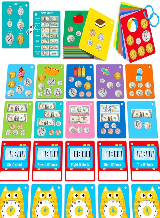 SpriteGru 52 PCS Time & Money Flashcards, Double Sided Cognition Cards-Coin Value, Coin Combinations, Counting Coins, Telling Time, Reading Clocks, Learning Tool for Kids Ages 6+ Kindergarten Toddlers - Image 1