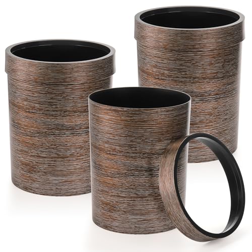 Noamus 3 Pack Vintage Small Trash Can 17 Gallon Plastic Round Wastebasket Hipsteen Retro Style Garbage Can Wood Grain Garbage Bin with Top Ring to Fix Bag for Home Kitchen Office Bathroom - Image 1