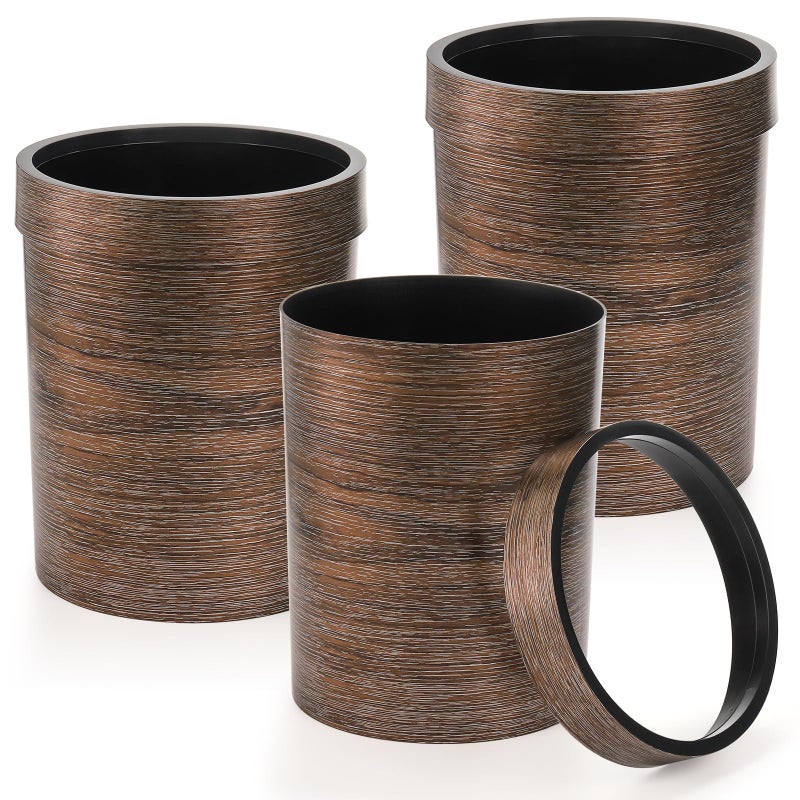Noamus 3 Pack Vintage Small Trash Can 17 Gallon Plastic Round Wastebasket Hipsteen Retro Style Garbage Can Wood Grain Garbage Bin with Top Ring to Fix Bag for Home Kitchen Office Bathroom - Image 2