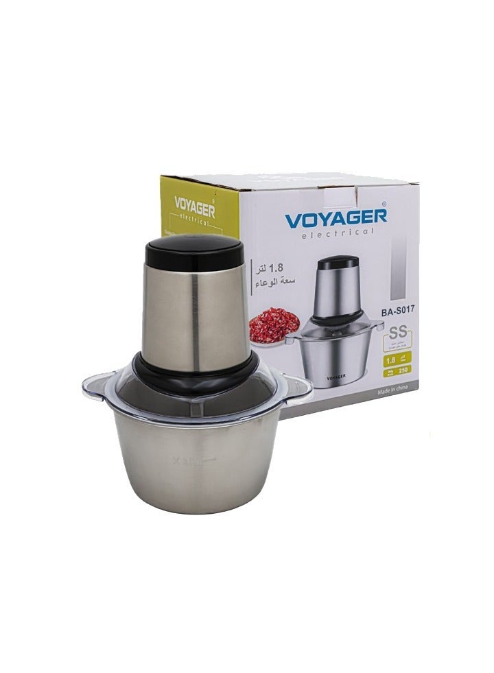 VOYAGER Stainless Steel Electric Chopper, 1.8L Capacity – Large Bowl for Meat, Vegetables, and Fruits, Sharp Stainless Steel Blades, Powerful 250W Motor, Elegant and Easy-to-Clean Design - Image 3