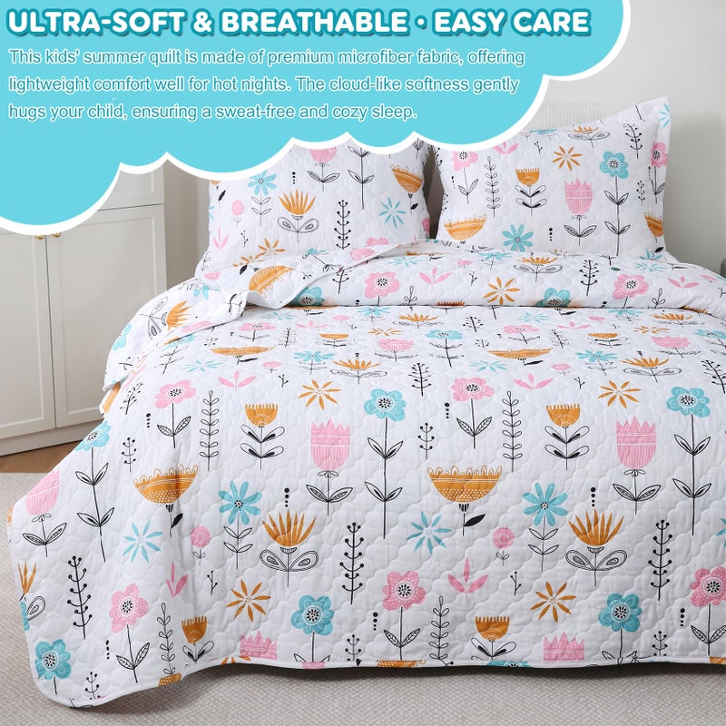 CIMVI Girls Pink Floral Quilt Set Twin Size Kids Bedding Sets Lightweight Summer Bedspread Soft Microfiber Breathable Bed Comforter All-Season - Image 3