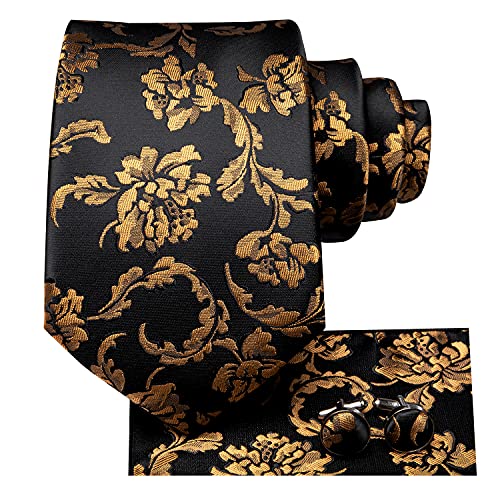 Hi-Tie 70'' Black Gold Ties for Men Silk Extra Long Floral Mens Ties Set Necktie and Pocket Square Cufflink for Wedding - Image 1