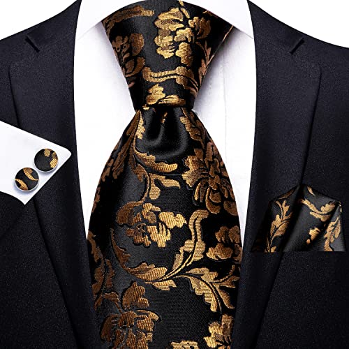 Hi-Tie 70'' Black Gold Ties for Men Silk Extra Long Floral Mens Ties Set Necktie and Pocket Square Cufflink for Wedding - Image 2