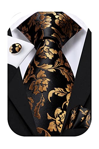 Hi-Tie 70'' Black Gold Ties for Men Silk Extra Long Floral Mens Ties Set Necktie and Pocket Square Cufflink for Wedding - Image 3