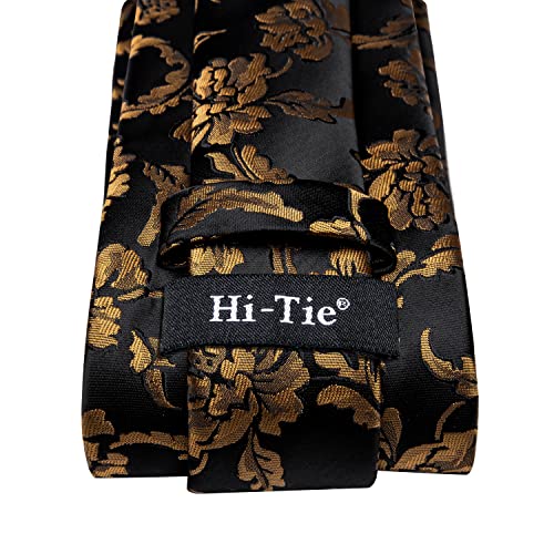Hi-Tie 70'' Black Gold Ties for Men Silk Extra Long Floral Mens Ties Set Necktie and Pocket Square Cufflink for Wedding - Image 4