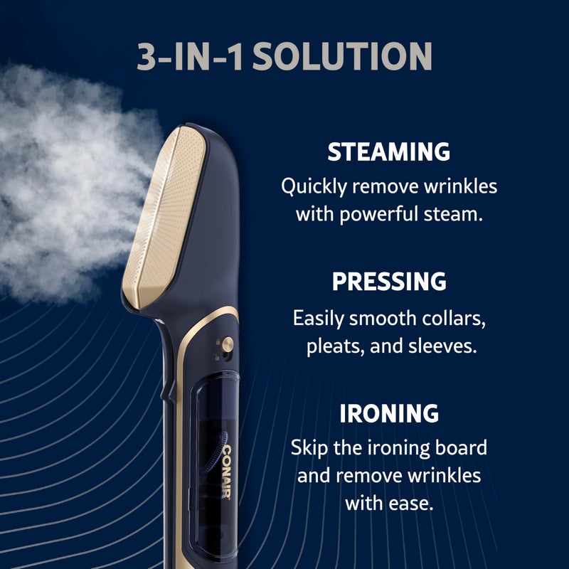 CONAIR كونير ستيم ستايلست 3 في 1 مكبس بخار ومكواة بخار للملابس، مكواة بخار للسفر، تشمل ماكينة حلاقة الأقمشة، خزان مياه إضافي وحقيبة تخزين، أزرق منتصف الليل - Image 2