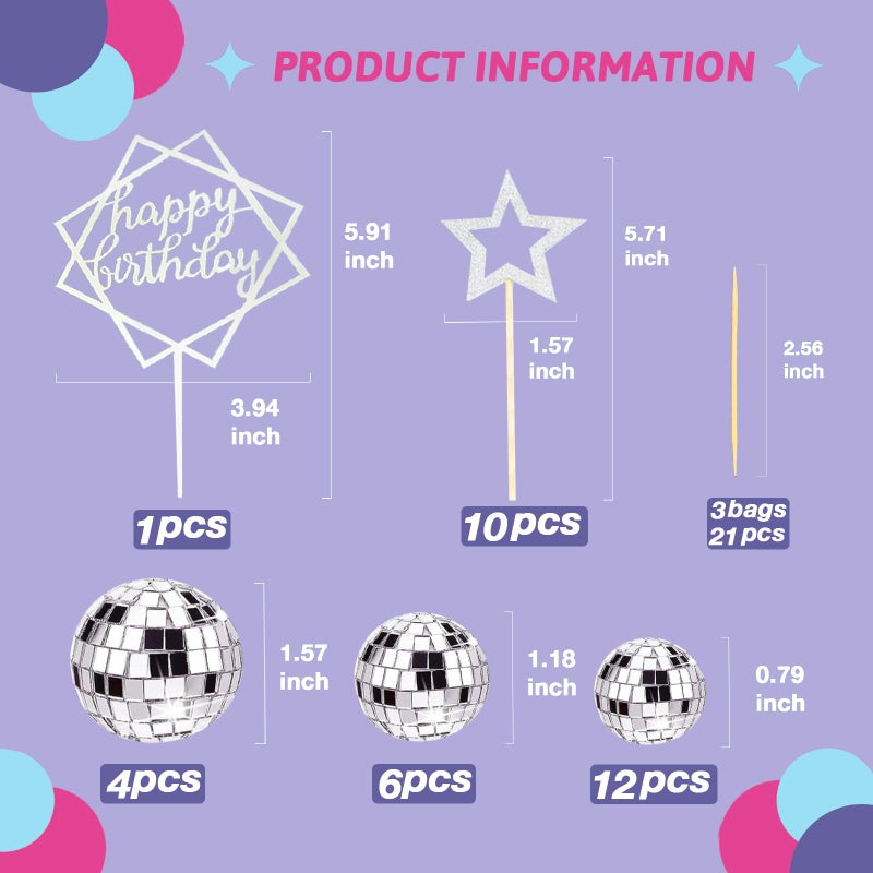 SONICEBUY 33Pcs Disco Ball Cake Toppers Silver Disco Balls Cake Decorations with Mirror Balls Happy Birthday Cake Topper and Star Cake Toppers for 70s 80s Disco Music Dance Themed Party Decorations Supplies - Image 2