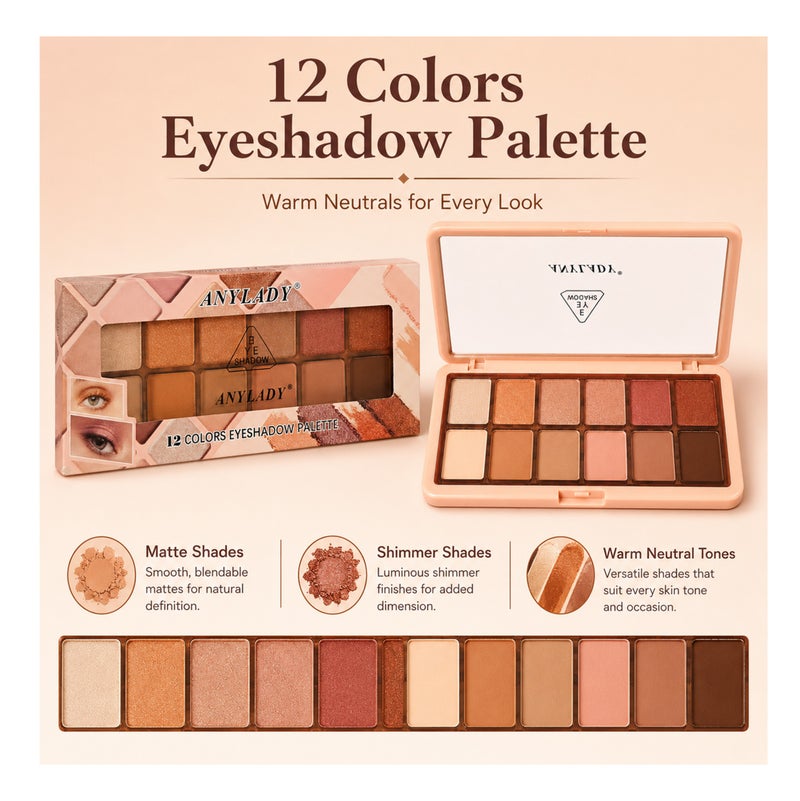 Me Now 12 Colors Eyeshadow Palette Matte Shimmer Nude Brown Pink Eye Shadow Makeup Palette Slim Compact Travel Eye Makeup Kit - Image 2