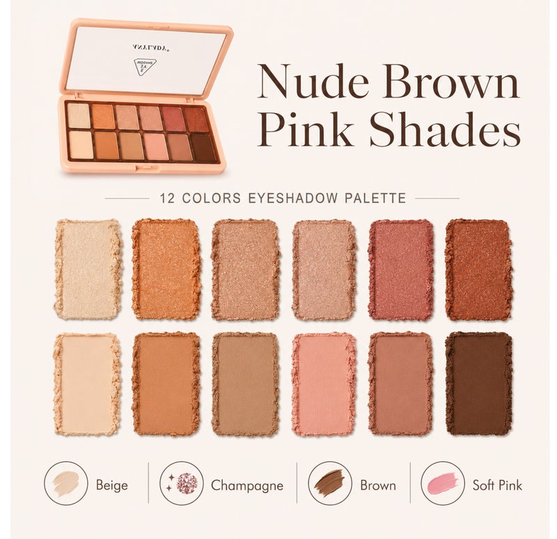 Me Now 12 Colors Eyeshadow Palette Matte Shimmer Nude Brown Pink Eye Shadow Makeup Palette Slim Compact Travel Eye Makeup Kit - Image 3