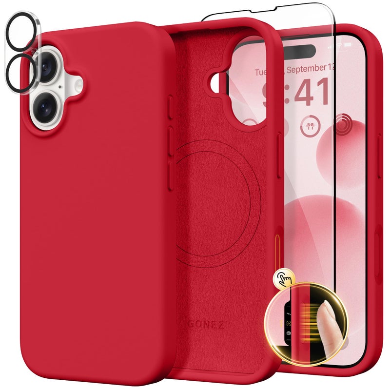 GONEZ Magnetic for iPhone 16 Case, Compatible with MagSafe, [Screen Protector + Camera Lens Protector], Liquid Silicone Shockproof Protective Phone Case for iPhone 16 6.1", Red - Image 1