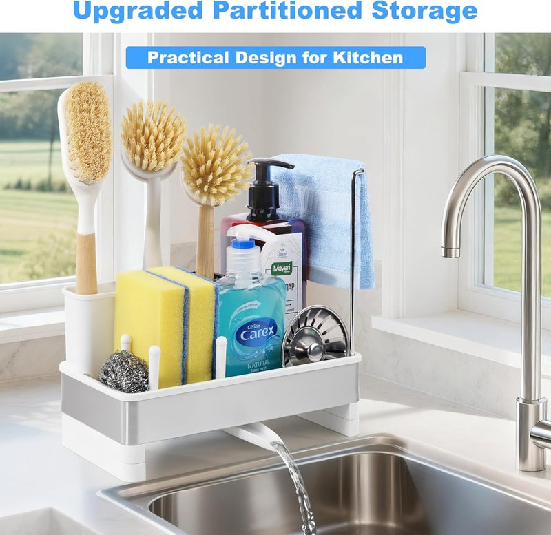 Ouletoy Stainless Steel Sponge Holder for Kitchen Sink Caddy Organizer Rack for Dish Brush Holder, Soap Dispenser and Wash Cloth with Rustproof Auto Drain Tray for Bathroom Countertop Storage (White) - Image 2