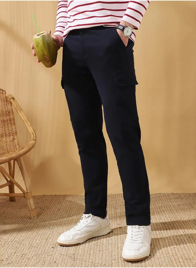 دينيس لينغو Straight Fit Solid Navy 98% Cotton 2 %Elastane Mid Rise Waist Full Length Woven Weave Cargo for Men with Button/Zip Closure -a timeless essential for modern wardrobes.