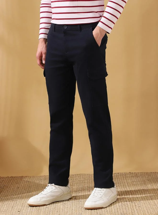 Dennis Lingo Men's Navy 100% Cotton Solid Pattern Full Length Cargo Straight Fit Trouser
