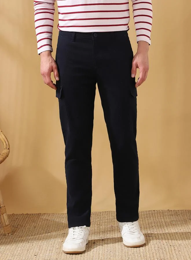Dennis Lingo Men's Navy 100% Cotton Solid Pattern Full Length Cargo Straight Fit Trouser