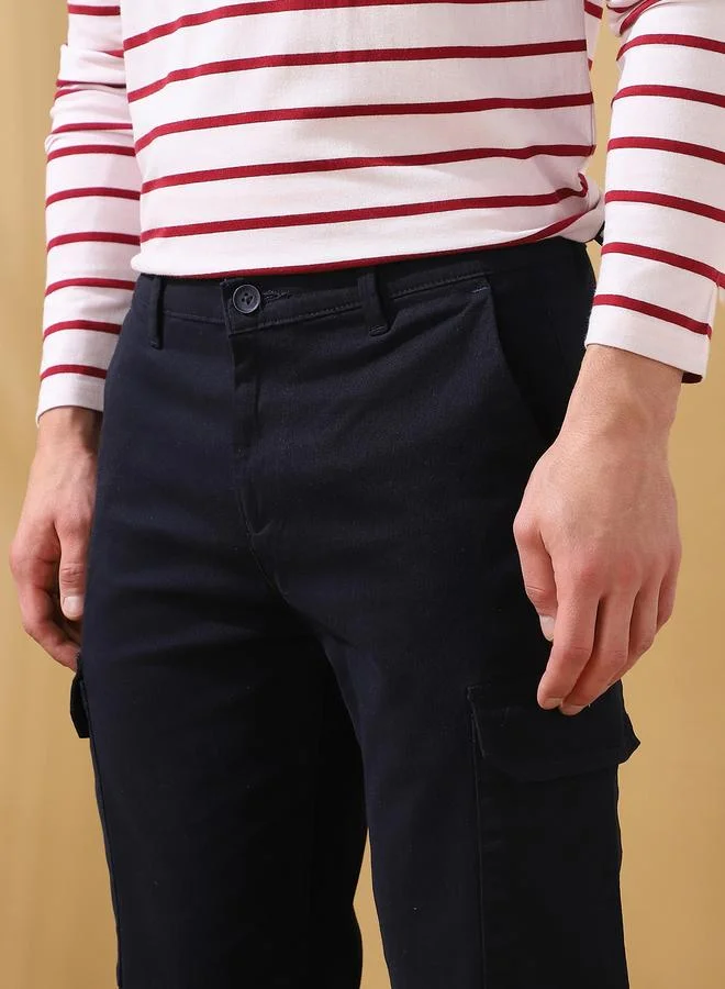 Dennis Lingo Men's Navy 100% Cotton Solid Pattern Full Length Cargo Straight Fit Trouser