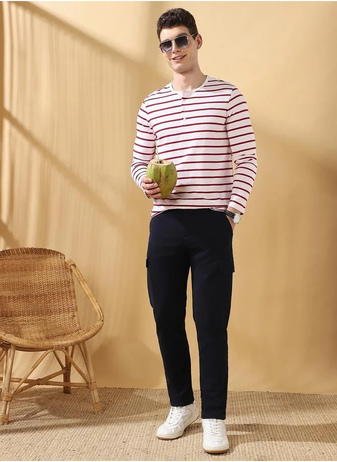 دينيس لينغو Straight Fit Solid Navy 98% Cotton 2 %Elastane Mid Rise Waist Full Length Woven Weave Cargo for Men with Button/Zip Closure -a timeless essential for modern wardrobes.