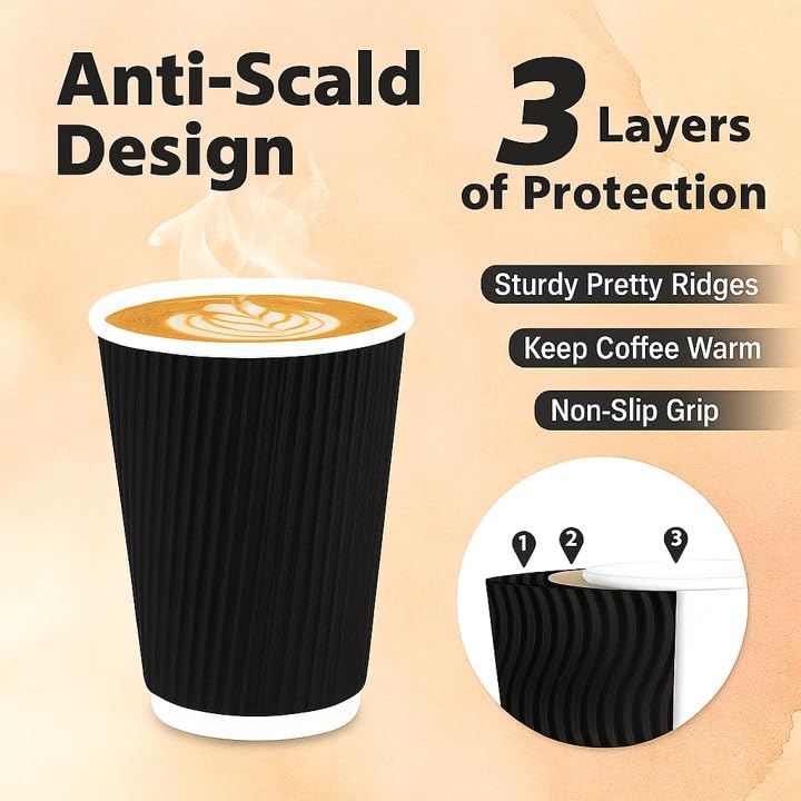 Lavish Heavy Duty Black Ripple Cups, 4Oz, Pack of 50, Disposable Coffee, Tea & Qahwa Cups, Leak-Resistant Beverage Cups for Hot & Cold Drinks, Ideal for Home, Office, Parties, Catering & Takeaway - Image 2