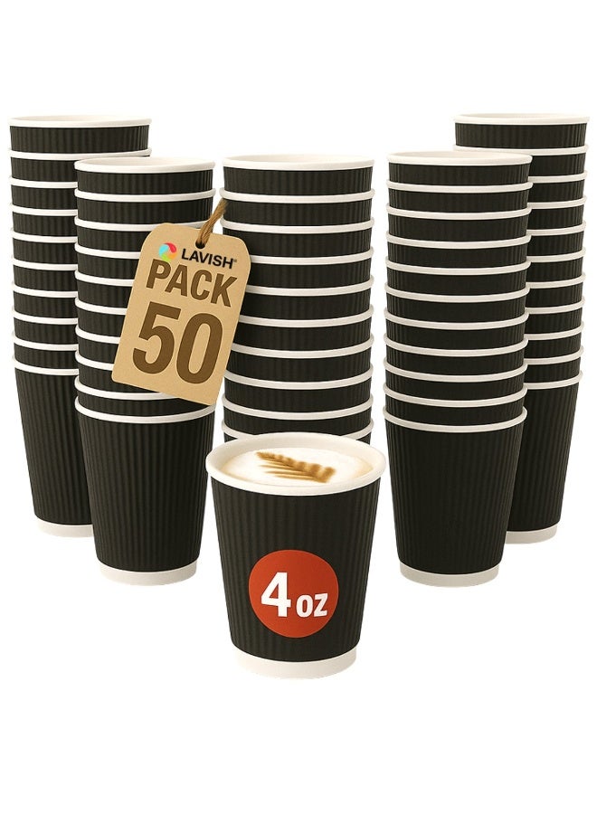Lavish Heavy Duty Black Ripple Cups, 4Oz, Pack of 50, Disposable Coffee, Tea & Qahwa Cups, Leak-Resistant Beverage Cups for Hot & Cold Drinks, Ideal for Home, Office, Parties, Catering & Takeaway - Image 1
