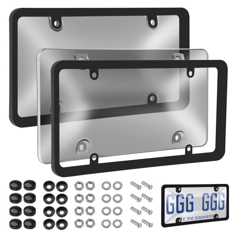Bmrewax 2 Pack License Plate Frames with Clear Protective Shields, Universal Car Front & Rear Plate Protector Set with Screws & Caps, Anti-Rust Plastic License Plate Holders for Most Vehicles - Image 1