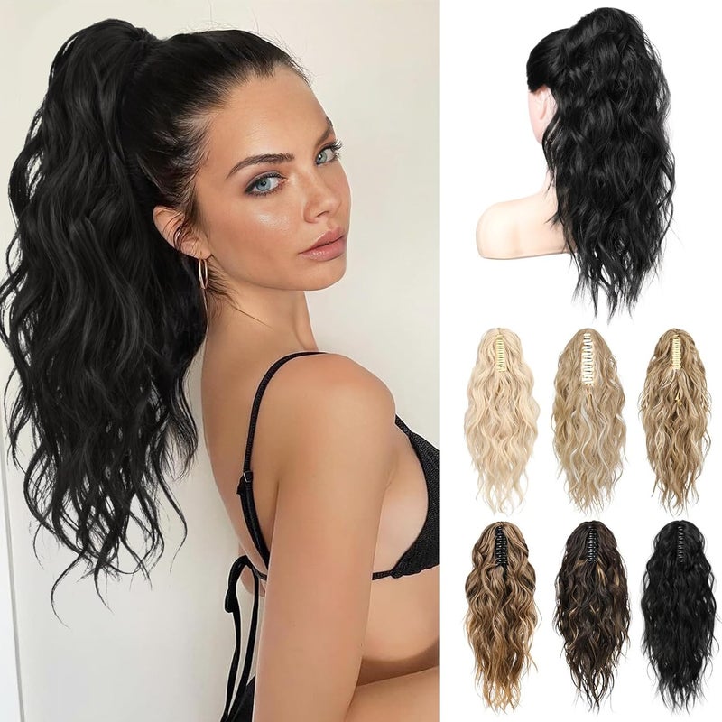 LONAI Black Ponytail Extension 18 Wavy Claw Clip Ponytail Extensions ZJ001 Shoulder Length Curly Wavy Claw Clip in Ponytail Hair Extensions Synthetic Fake Pony tails HairpiecesBlack