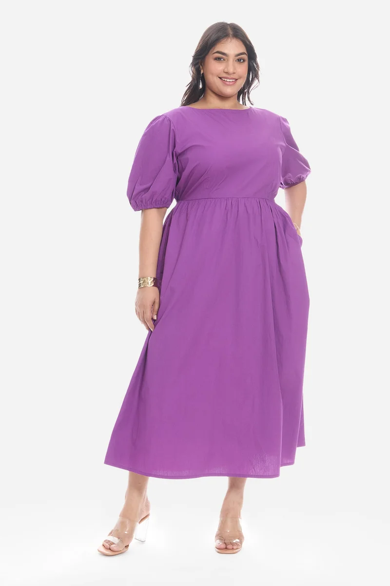 Virgio Solid Cotton Midi Plus Size Dress With Puff Sleeve for Women
