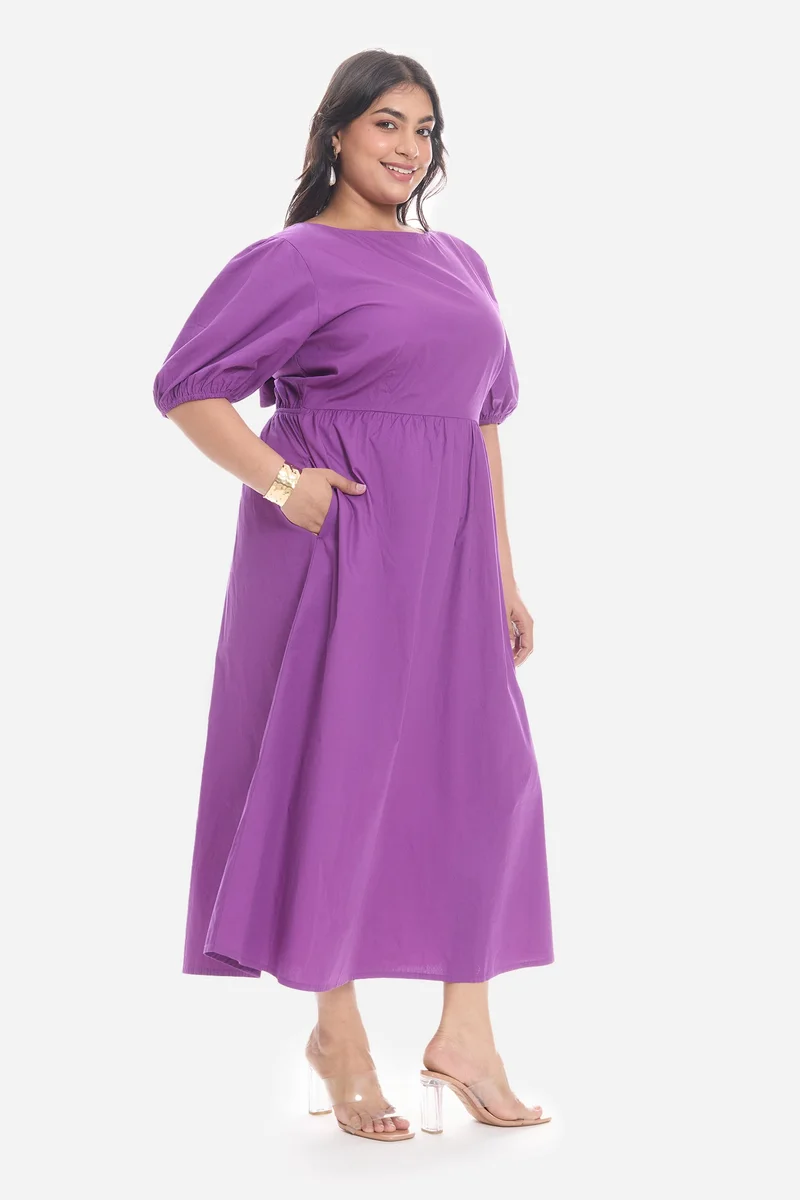 Virgio  Solid Cotton Midi Plus Size Dress With Puff Sleeve for Women for Women | Best Price UAE