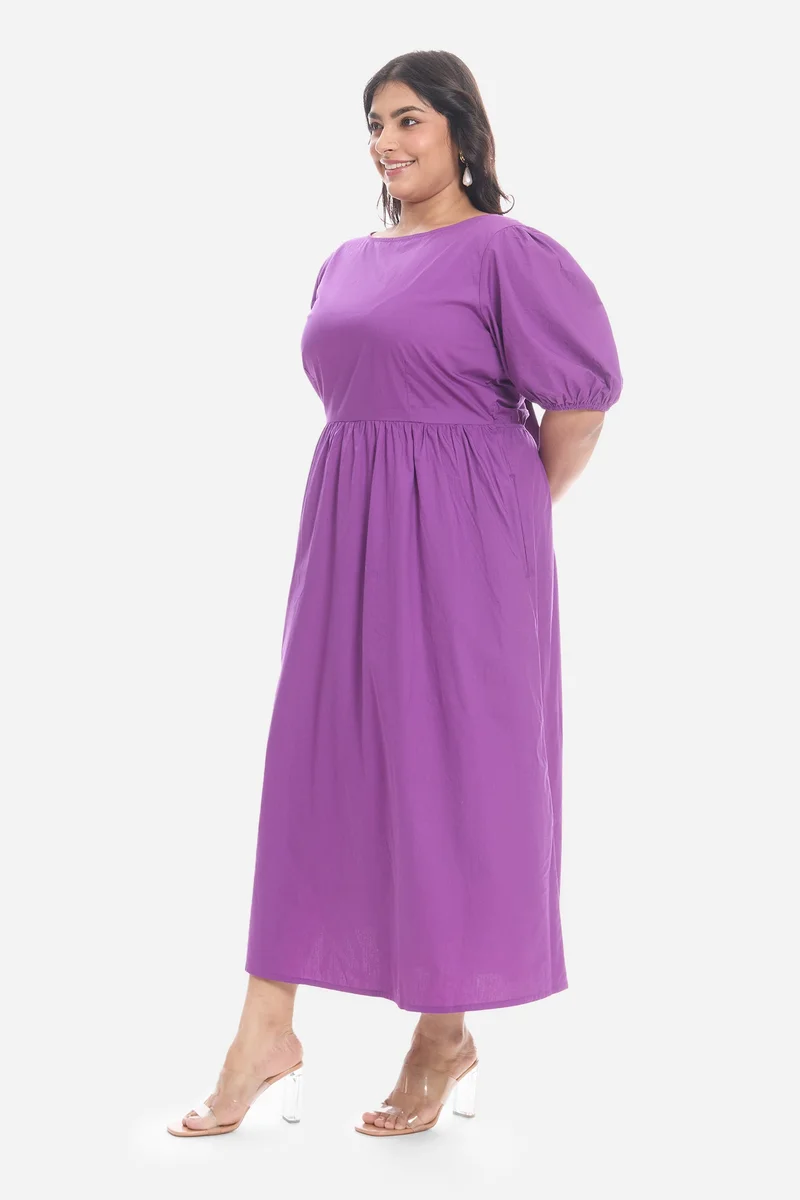Virgio  Solid Cotton Midi Plus Size Dress With Puff Sleeve for Women for Women | Best Price UAE