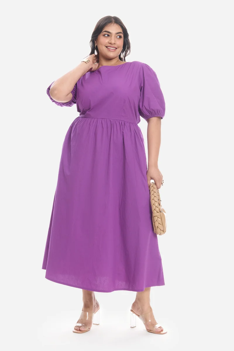 Virgio Solid Cotton Midi Plus Size Dress With Puff Sleeve for Women